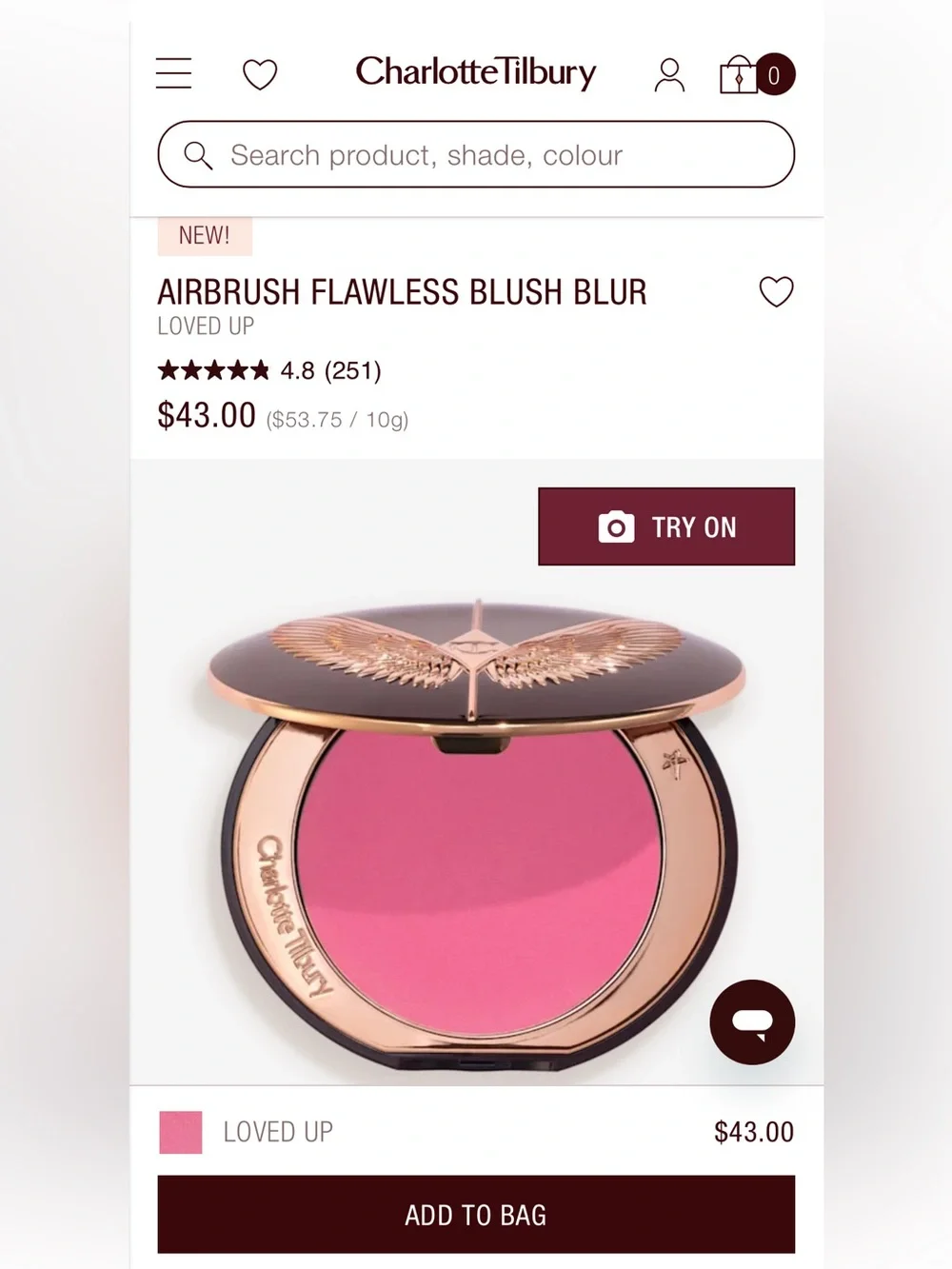 NWT🌷Charlotte Tilbury’s Airbrush Flawless Blush Blur in “Loved Up”